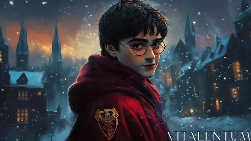 Young figure in red cloak stands before snowbound towers