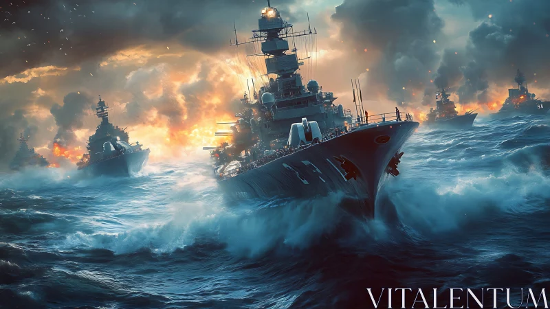 Wartime battleship flotilla in storm-tossed ocean combat zone