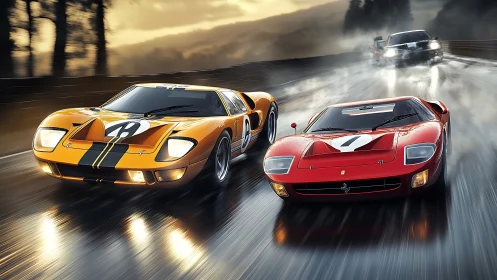 Rain-soaked retro racers duel through glowing twilight speedway.