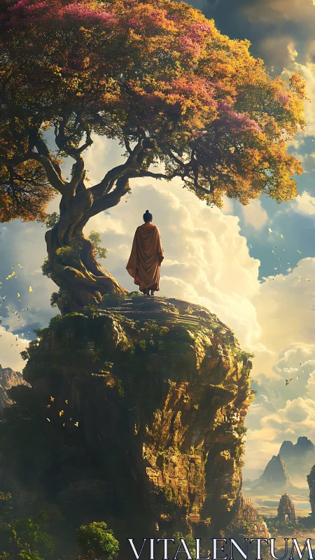 Solitary sage beneath bloom-lit sky of patient thunder.