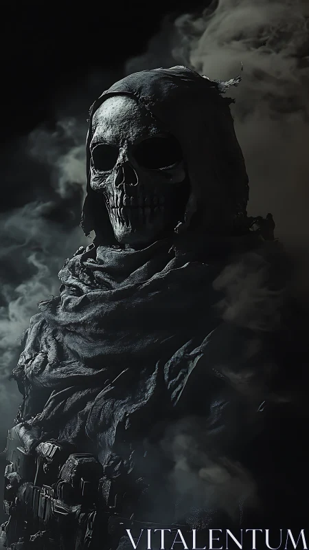 Hooded skeletal figure stands in smoke with tactical gear