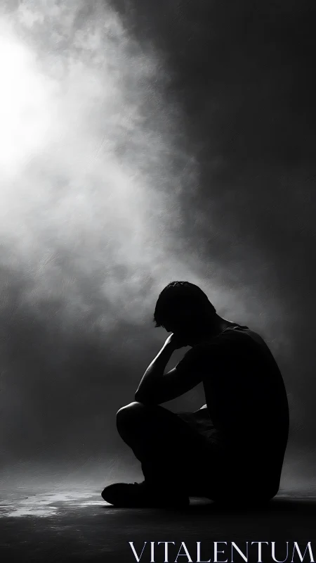 Silhouetted person sits on floor in harsh directional light