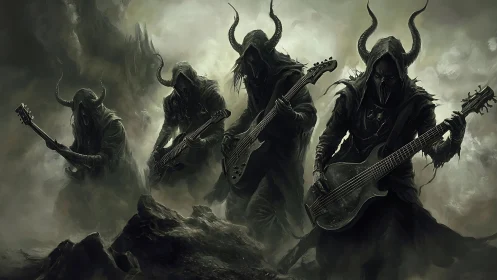Hooded demon rock band shredding in a stormy wasteland.