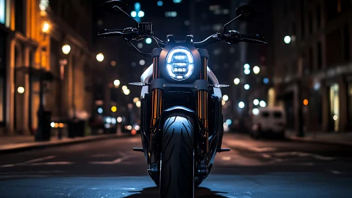 LED headlamp sport motorcycle on empty nocturnal city street