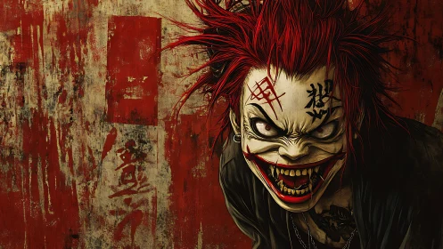 Sinister red‑haired demon punk with manic grin portrait.