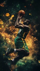 Basketball player explodes through cosmic dust mid-jump shot.