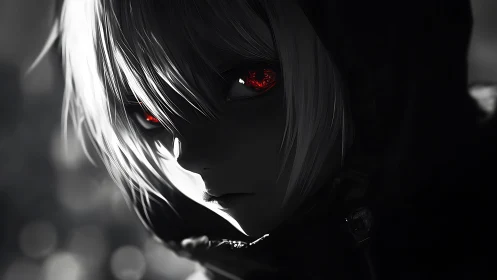 Scarlet-eyed hooded wanderer in stark monochrome gloom.