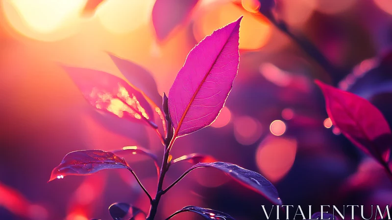 Magenta leaf glows against sunset bokeh background.