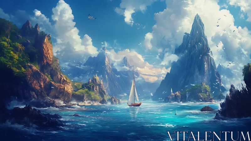 Digital painting seascape with towering fantasy cliffs and sailboat.