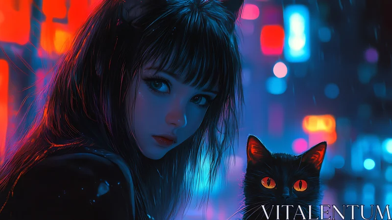 Neon city catgirl with black cat under rain-soaked lights.