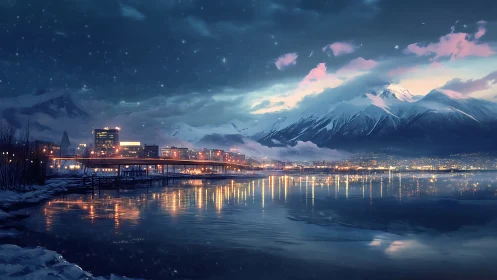 Snowy coastal cityscape with mountains and bridge at dusk.