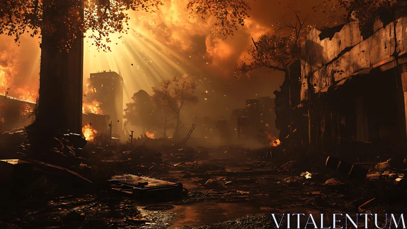Sunlit smoke filters through ruins of a burned urban street