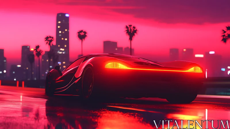 Futuristic sports car on wet city road at neon sunset.