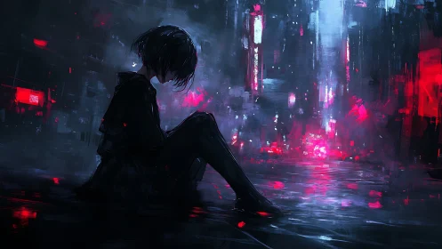 Solitary figure in neon lit urban night street environment.