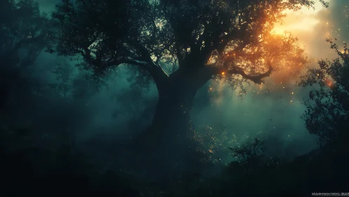 Golden dusk light gently crowns an ancient forest tree