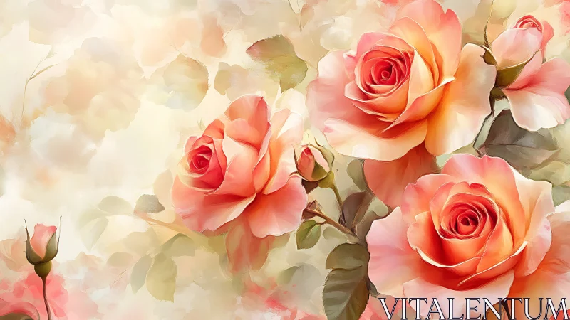 Coral Roses Dance Through Watercolor Dreams in Soft Bloom