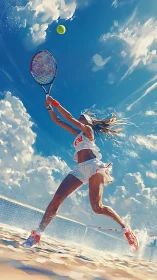 Skybound beach tennis serve splashing sunlight and motion.