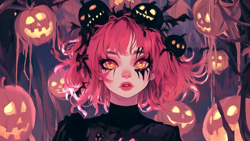 Red haired girl with glowing eyes amid carved pumpkins.
