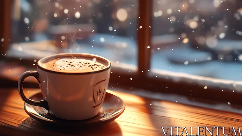 Steaming winter coffee glows in cozy golden window light.