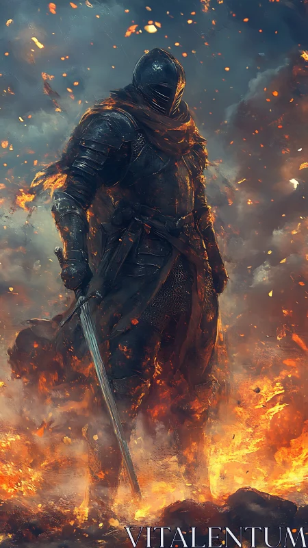 Armored warrior strides through blazing battlefield of fire.