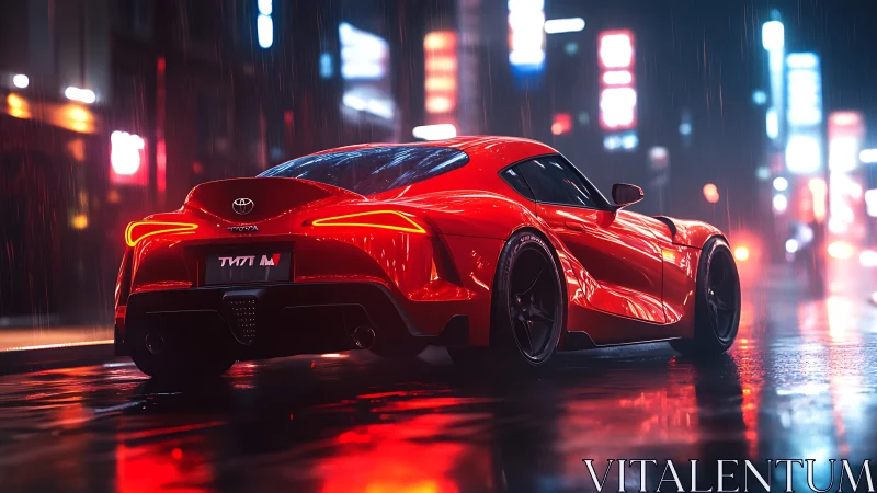 Red sports coupe in rainy neon-lit city street at night
