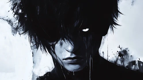 Monochrome portrait of shadowed figure with glowing eyes.