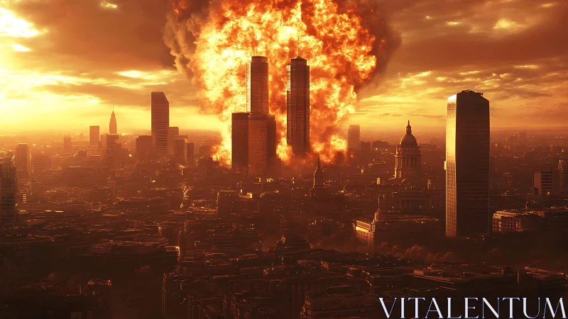 Tall city towers engulfed in a massive urban firestorm.