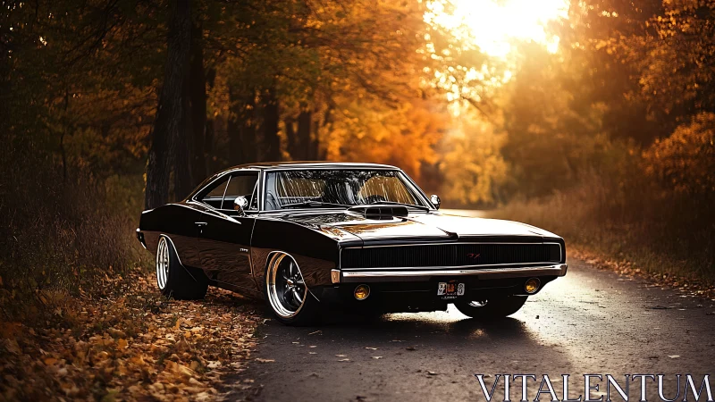 Photorealistic muscle car study on sunlit autumn forest road.