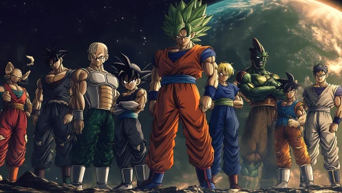 Anime warriors lineup before planet backdrop at night.