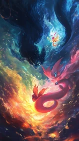 Elemental creatures swirl in vivid cosmic confrontation.