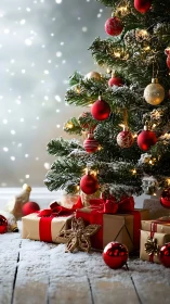 Decorated Christmas tree with gifts on snowy wooden floor.