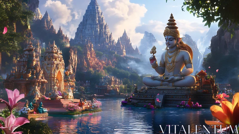 Serene river deity temple under luminous mountain spires.