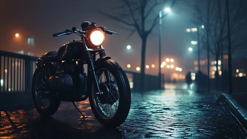 Vintage motorcycle glowing softly on a misty night street.