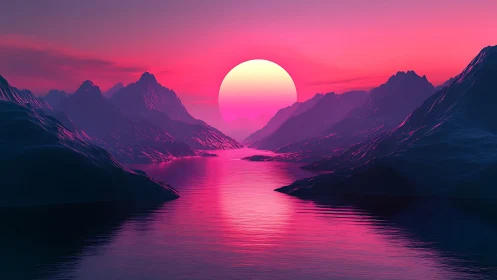 Neon sun over reflective fjord in atmospheric digital gradient