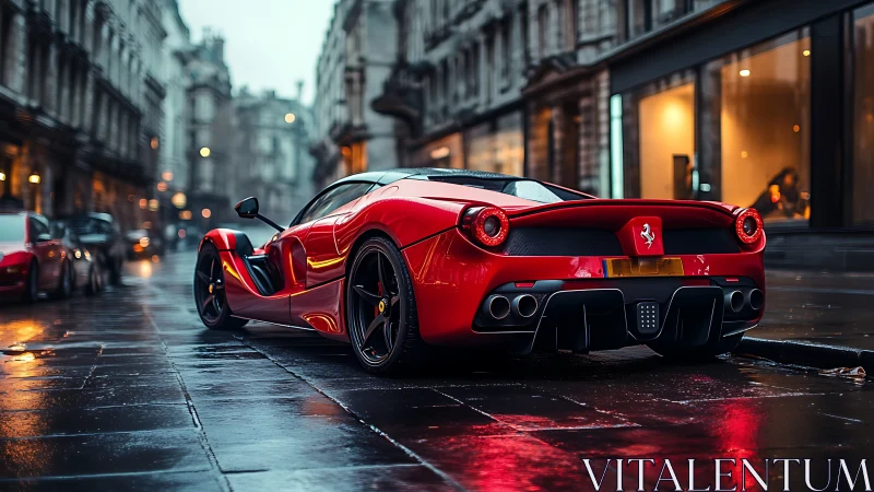 Red supercar on wet city street under moody evening light.