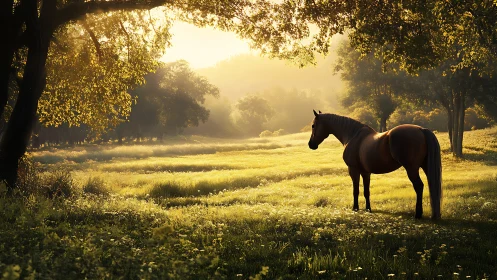 Brown horse standing in sunlit meadow under green trees.