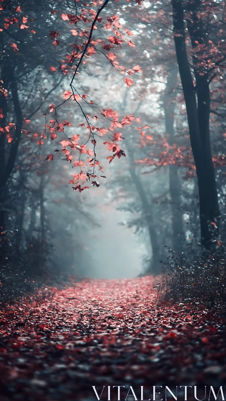 Misty forest path with autumn foliage.