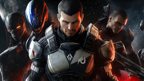 Armored tactical squad in deep-space combat formation.