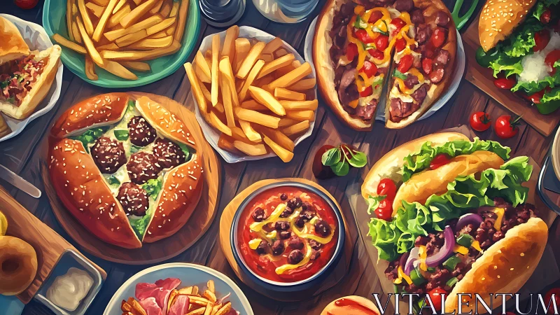 Colorful fast food feast fills wooden tabletop with detail