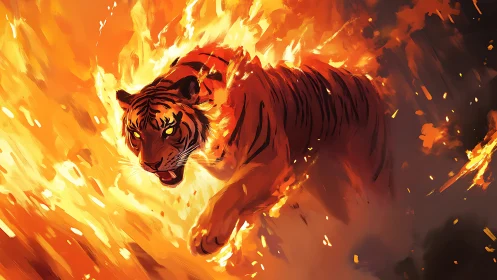 Inferno-born tiger lunges through storming rivers of flame.