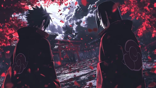 Two cloaked figures share a tense moment under crimson leaves.