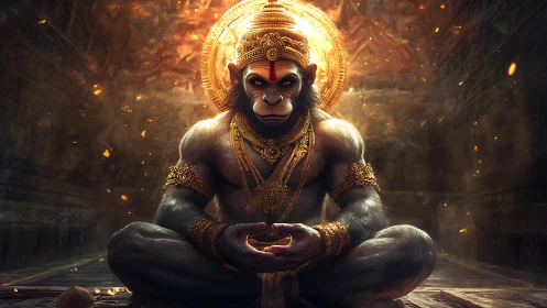 Divine simian warrior meditates inside glowing temple halo