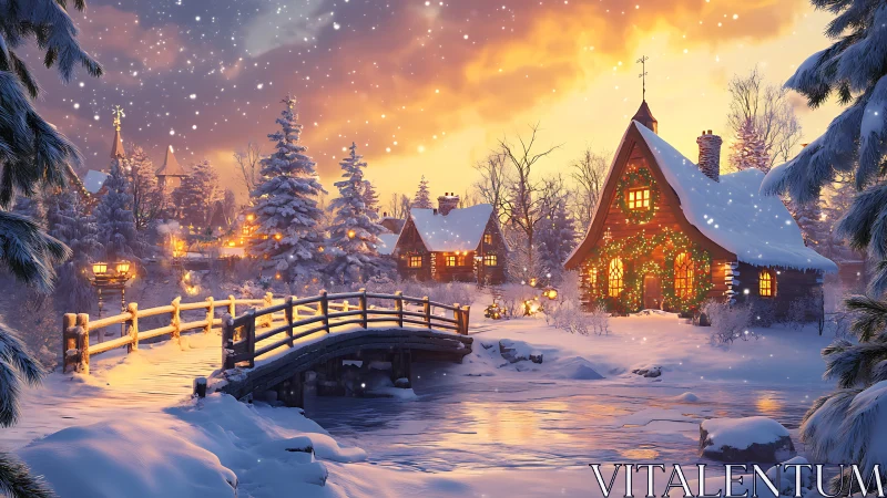 Digital painting of festive winter cottage and arched bridge.