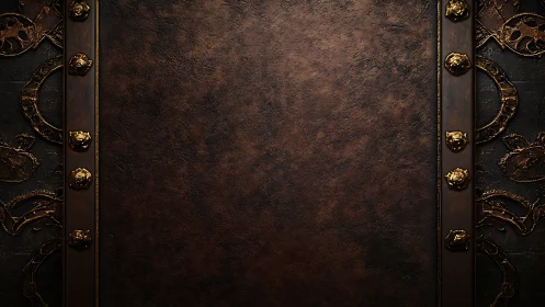 Photorealistic steampunk leather panel with ornate brass borders.