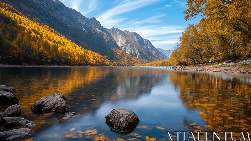 Mountain lake with autumn forest reflection under clear sky.