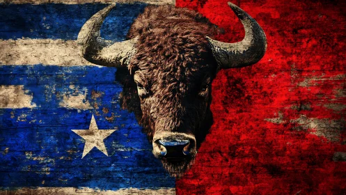 Textured bison portrait over distressed red and blue flag