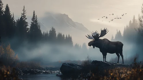 Bull moose stands in misty mountain river valley at dawn