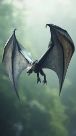 Dark winged dragon soaring over blurred forest background