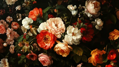 Baroque Floral Composition: Layered Garden Roses Against Dark Background.
