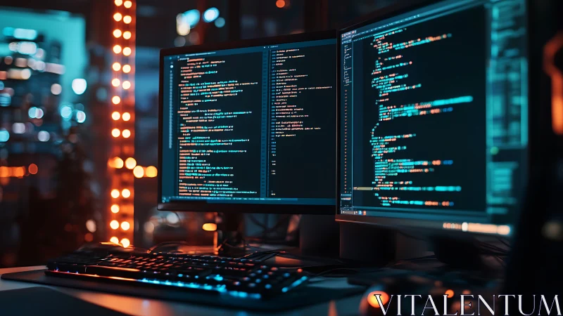 Neon code duel across twin monitors in a midnight dev bunker.